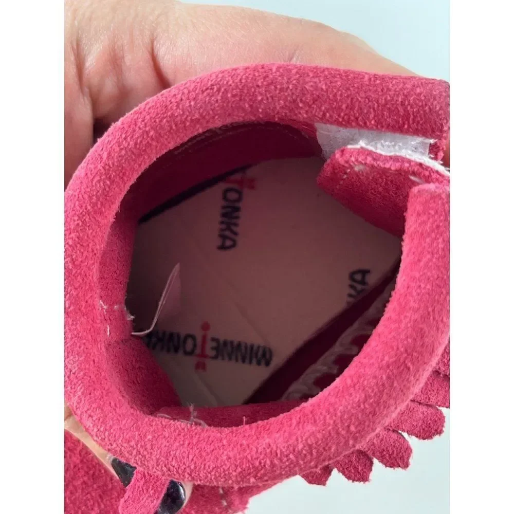 Minnetonka Infant Back Flap Suede Fringe Bootie Moccasins Baby Size 1 Red Pink
